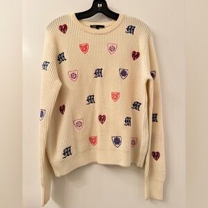 Maje Cream and Red Crew Neck Sweater with Decorative Emblems